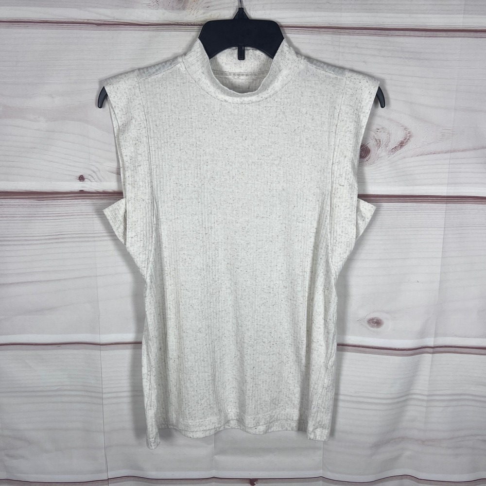 Lolita Tank Top Women Large Cream Ribbed Mock Neck Sleeveless Knit Casual Basic